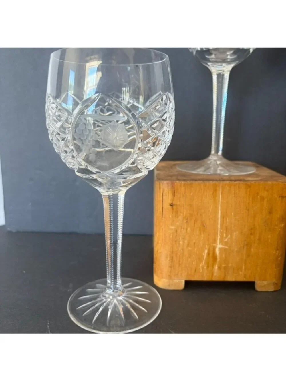 Pair of Vintage Crystal Water Goblets Crisscross Cut Stem Grapes  Discontinued